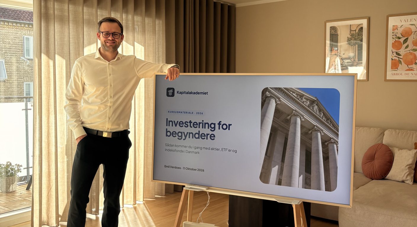 Emil Verdoes, your instructor, next to a screen showing his investing course